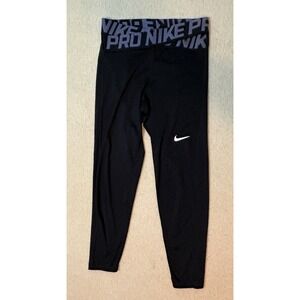 Nike Pro Women's Mid-Rise Leggings Black White Logo Waistband Compression Small